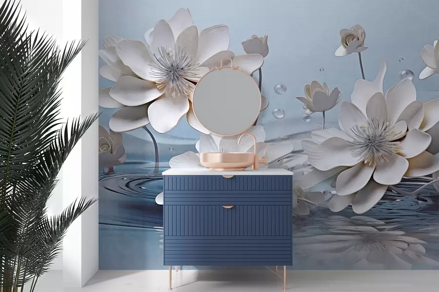 murais de parede Flores brancas texturizadas com gotas de água, reflexos na superfície da água, fundo azul claro, design elegante w09262