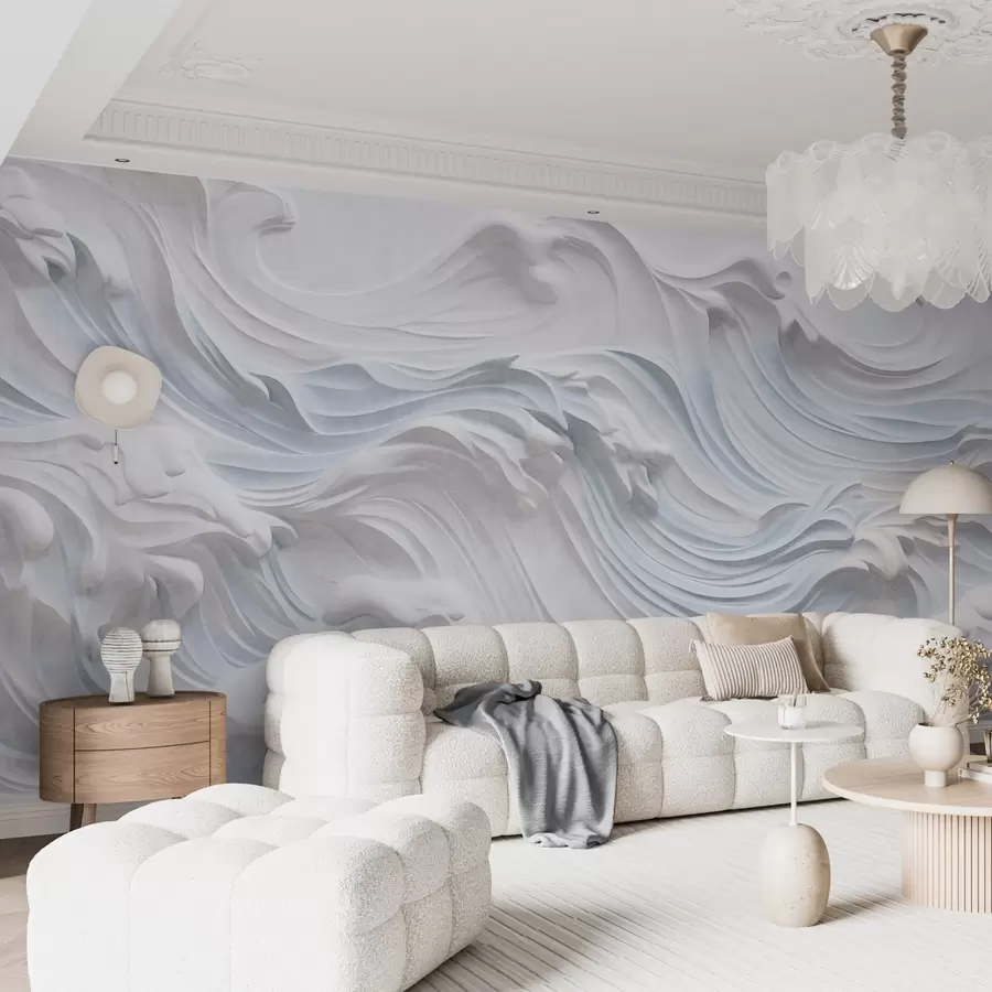 murais de parede Ondas oceânicas abstratas texturizadas em branco e azul claro com espuma, fluindo da esquerda para a direita, impressão dinâmica e texturizada w09266