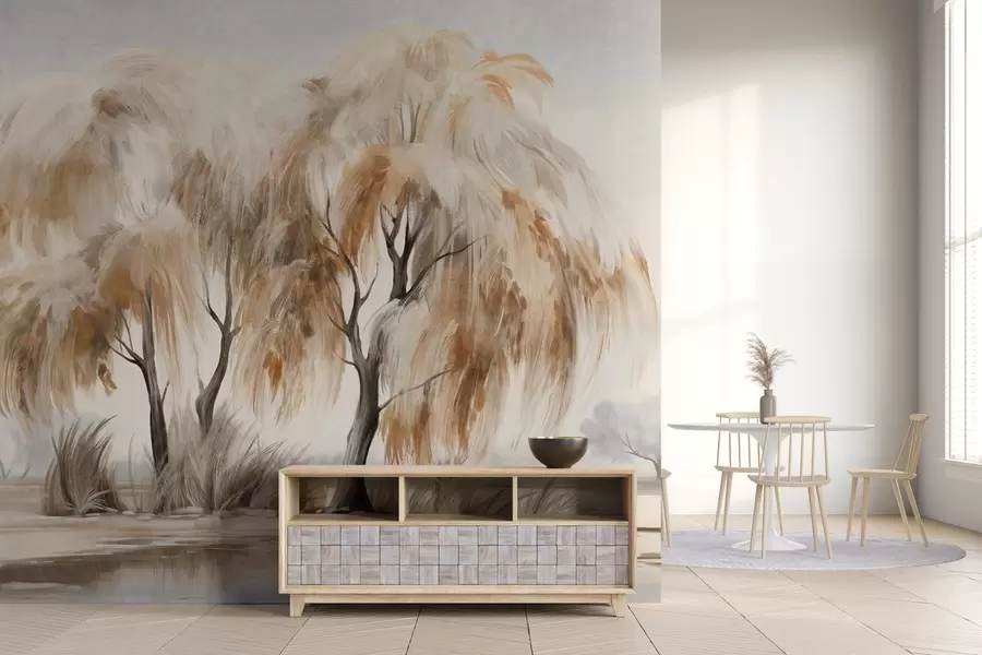 murais de parede Salgueiros texturizados com folhas marrons e brancas na margem de um lago, com um pouco de grama ao redor, em um dia nublado w09268