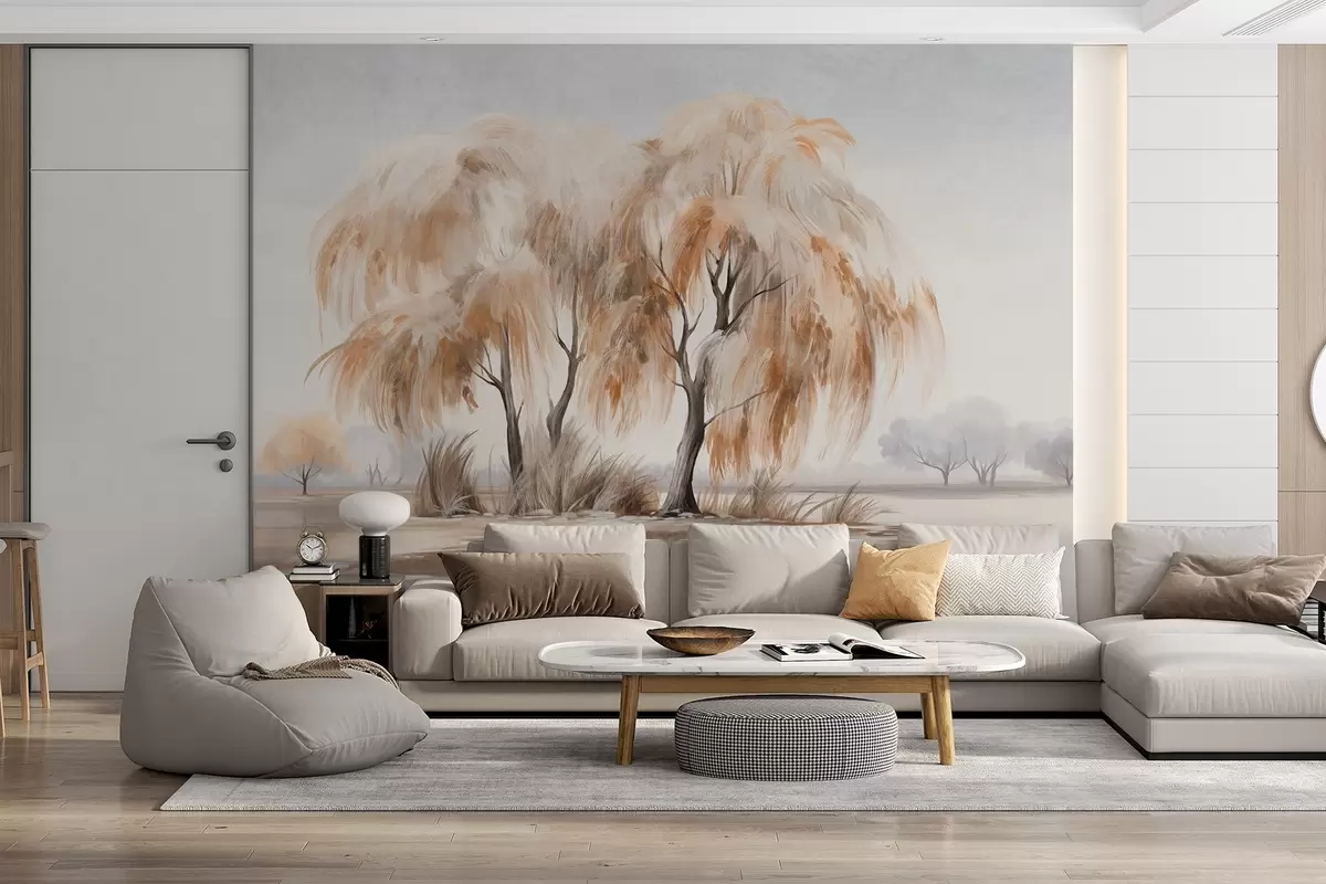 murais de parede Salgueiros texturizados com folhas marrons e brancas na margem de um lago, com um pouco de grama ao redor, em um dia nublado w09268