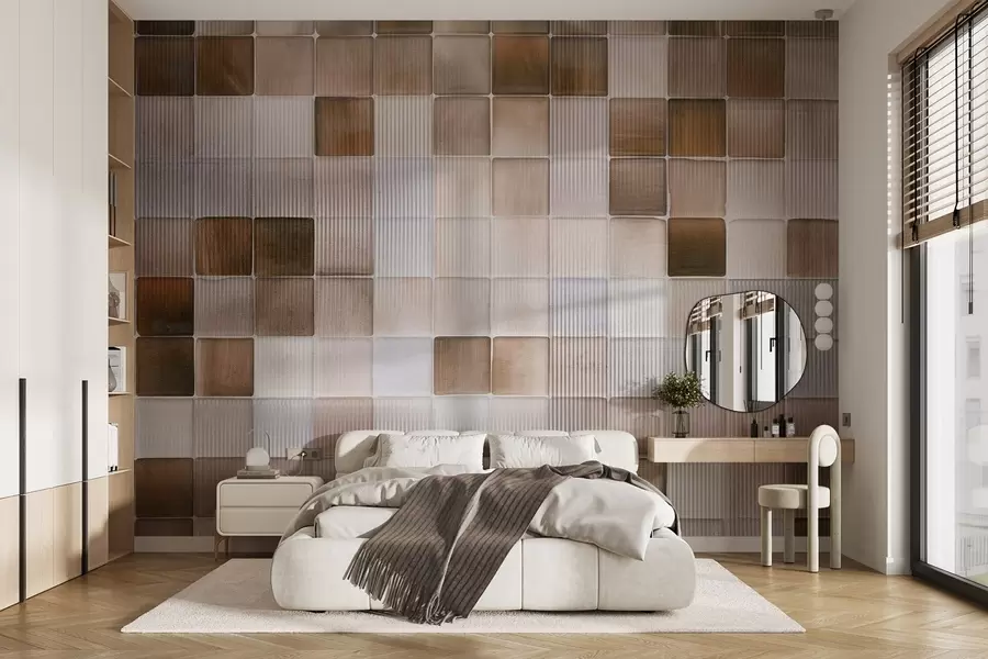 murais de parede Ladrilhos quadrados de mosaico de pedra em tons de marrom, bege e branco com uma textura abstrata de ruído granulado e canelado w09269