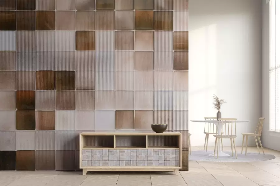 murais de parede Ladrilhos quadrados de mosaico de pedra em tons de marrom, bege e branco com uma textura abstrata de ruído granulado e canelado w09269