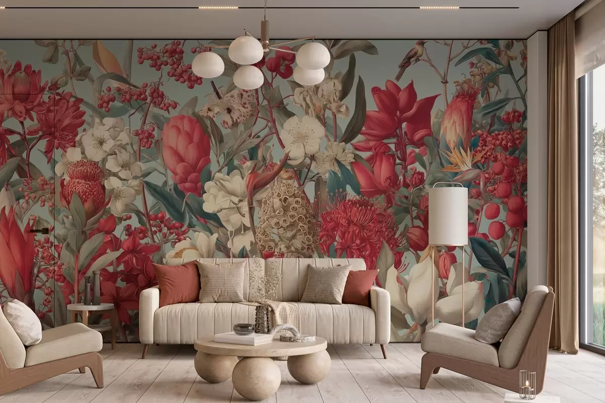 murais de parede flores tropicais texturizadas em um fundo azul w04209