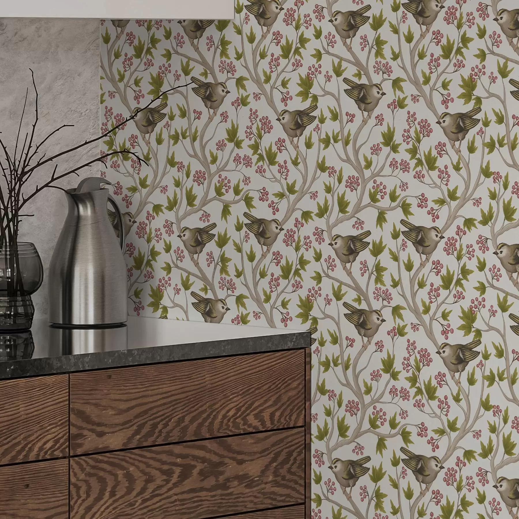 murais de parede Pássaros em galhos com folhas e bagas em um fundo branco a00283