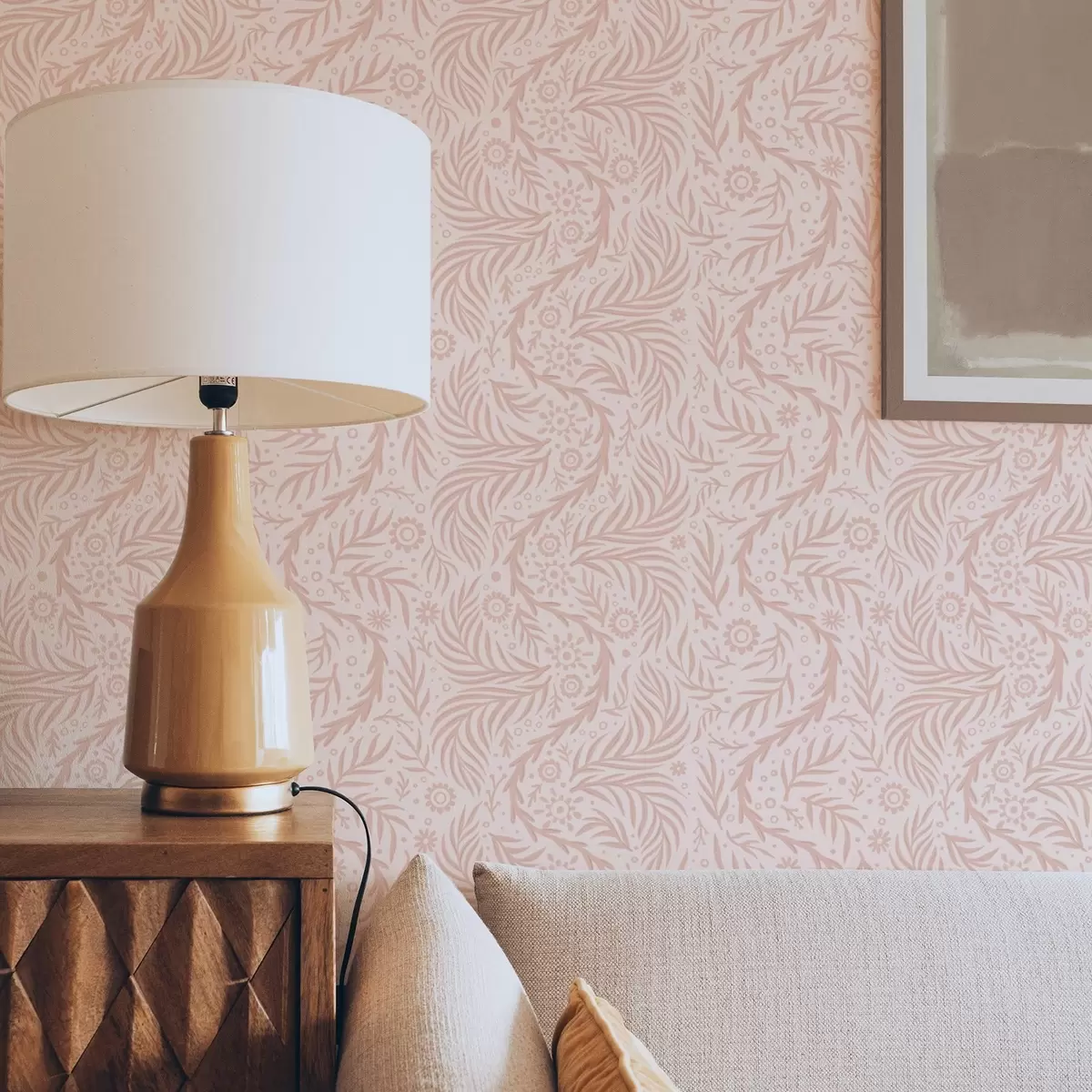 Papel de parede Elementos florais rosa pálido em um fundo rosa a00290