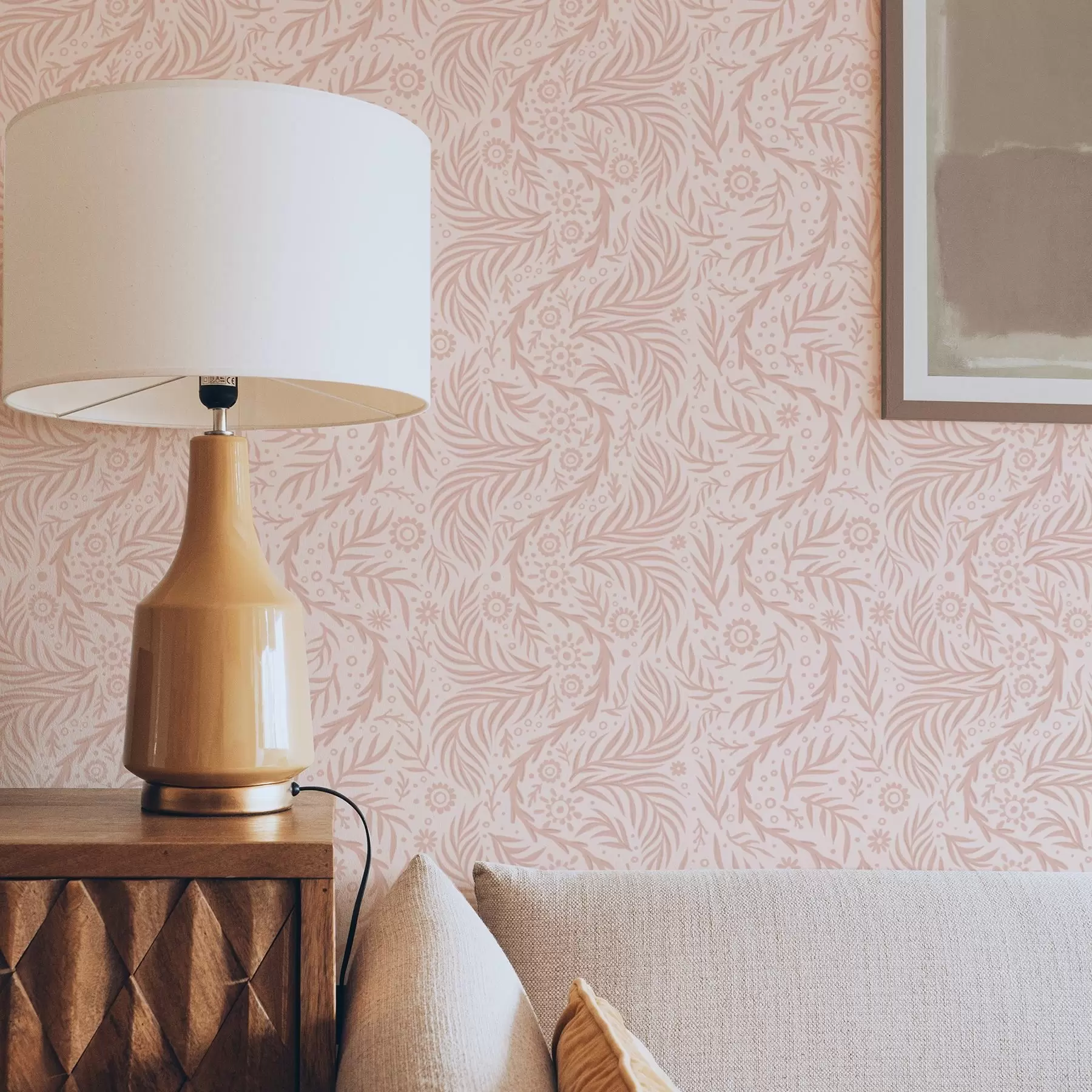 murais de parede Elementos florais rosa pálido em um fundo rosa a00290