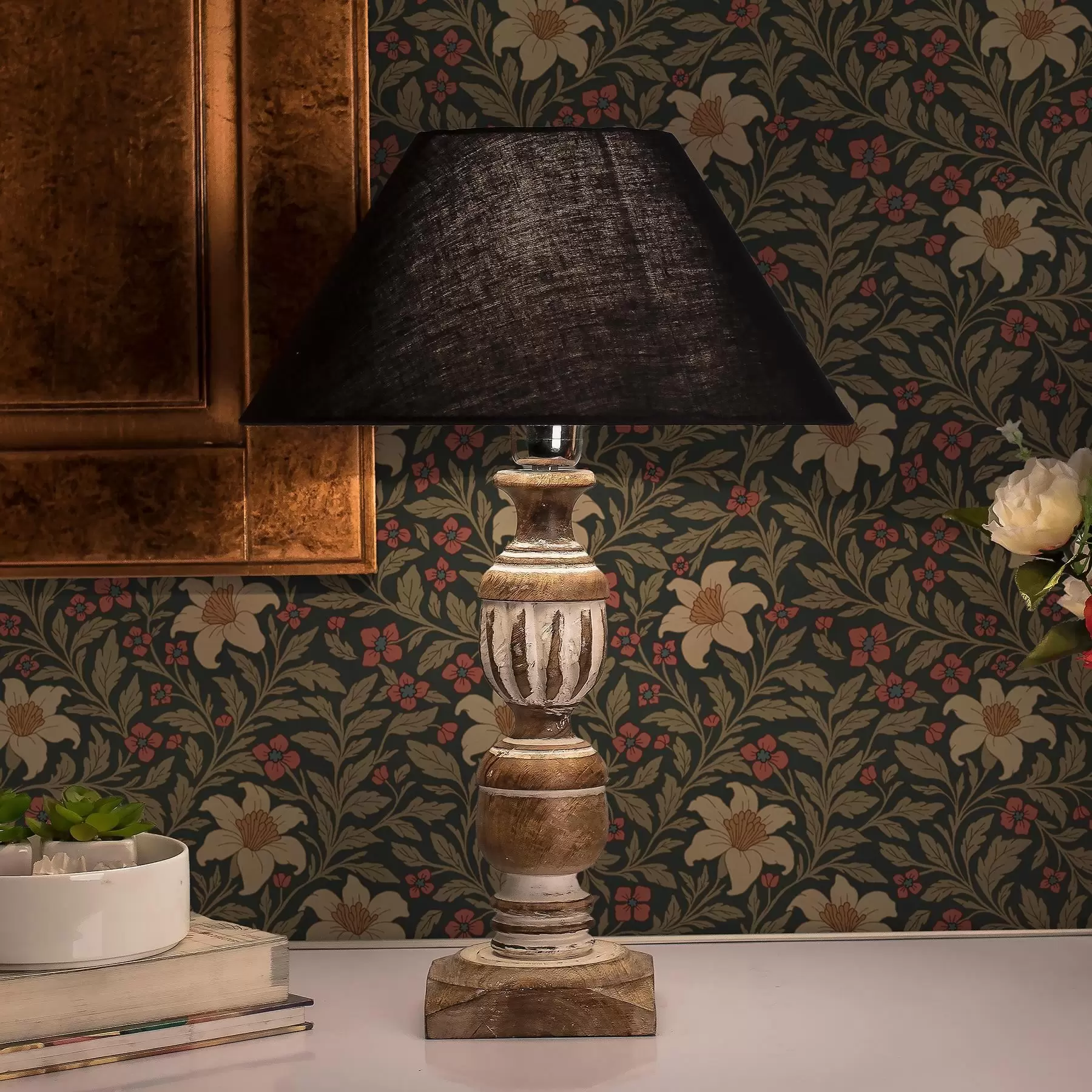 murais de parede Fundo escuro com flores amarelas e vermelhas em estilo Art Nouveau a00293