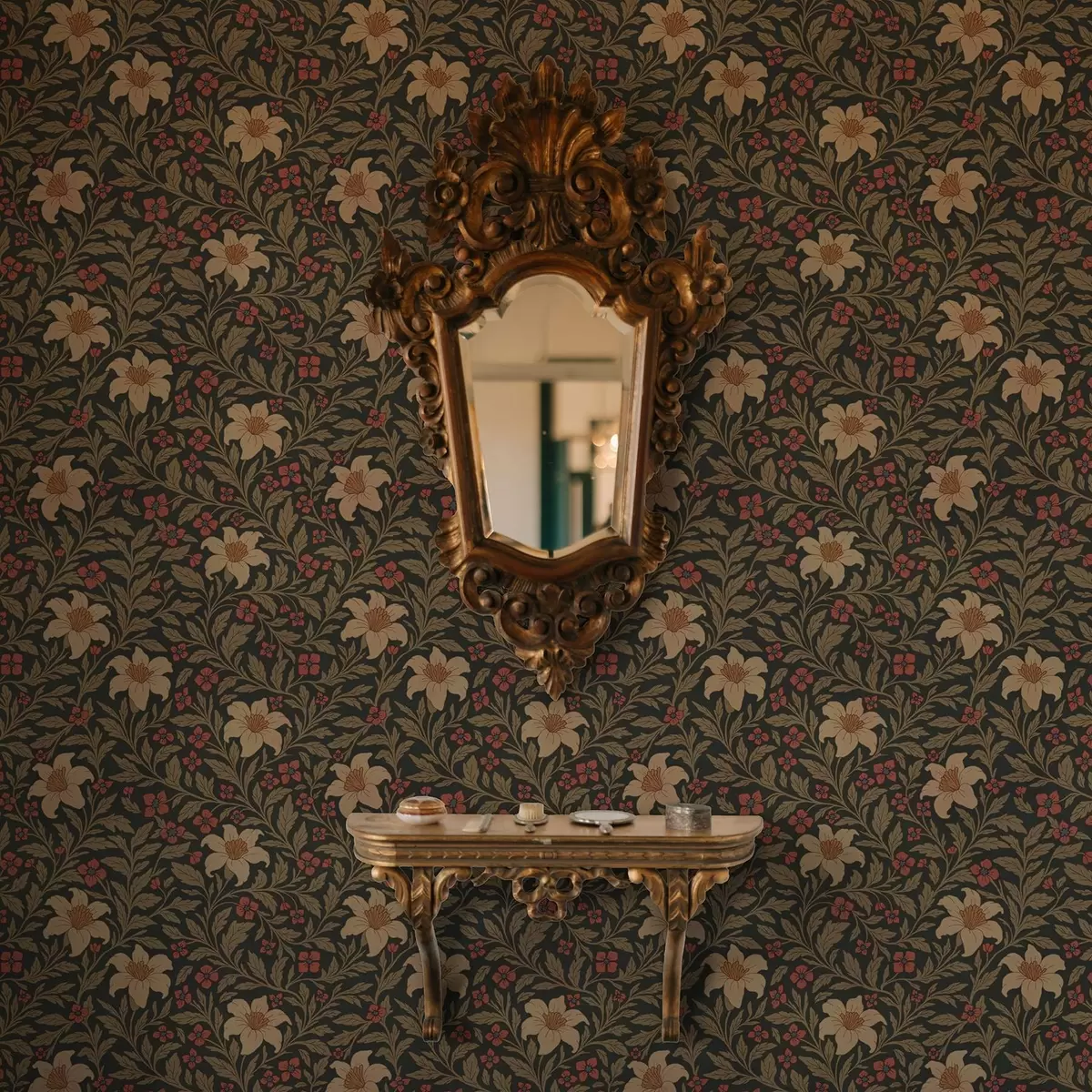 Papel de parede Fundo escuro com flores amarelas e vermelhas em estilo Art Nouveau a00293