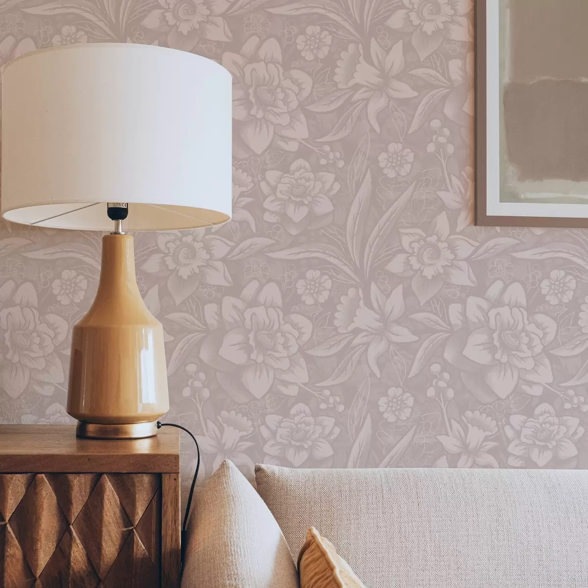 Papel de parede Desenho floral monocromático com narcisos em um fundo creme a00294