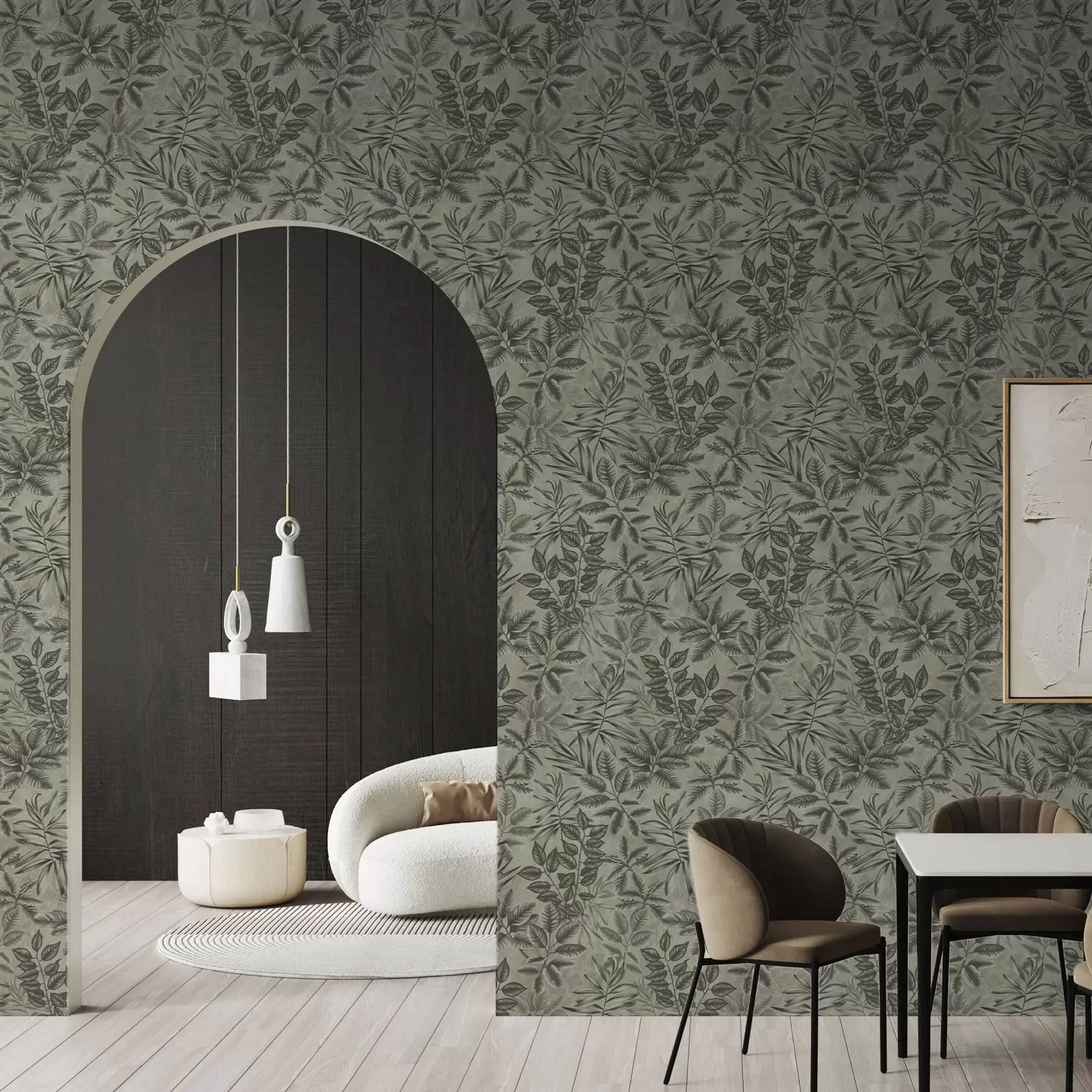 murais de parede Folhas tropicais cinzas de vários formatos em um fundo vintage a00297