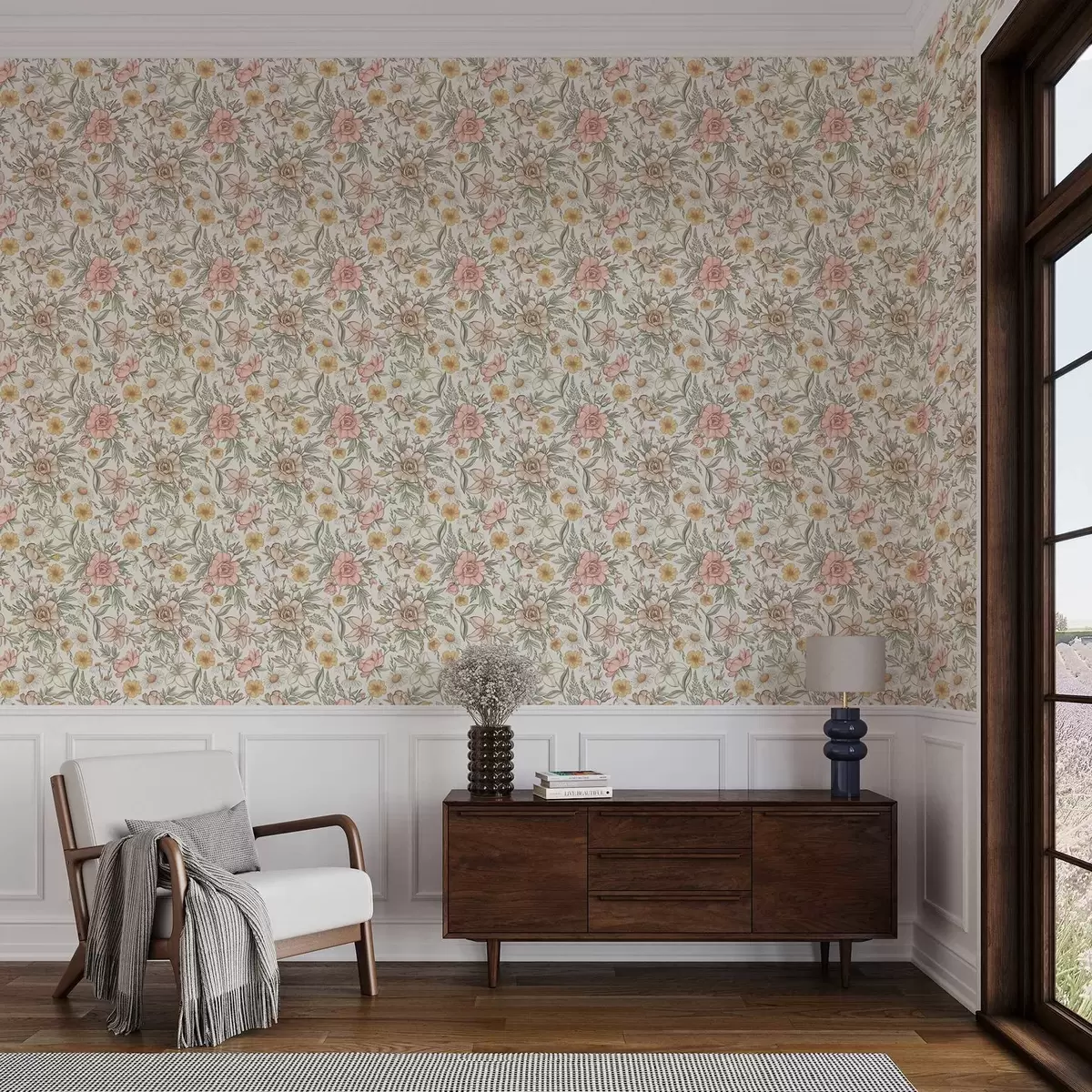 Papel de parede Margaridas, peônias, lírios e folhas em cores delicadas a00299