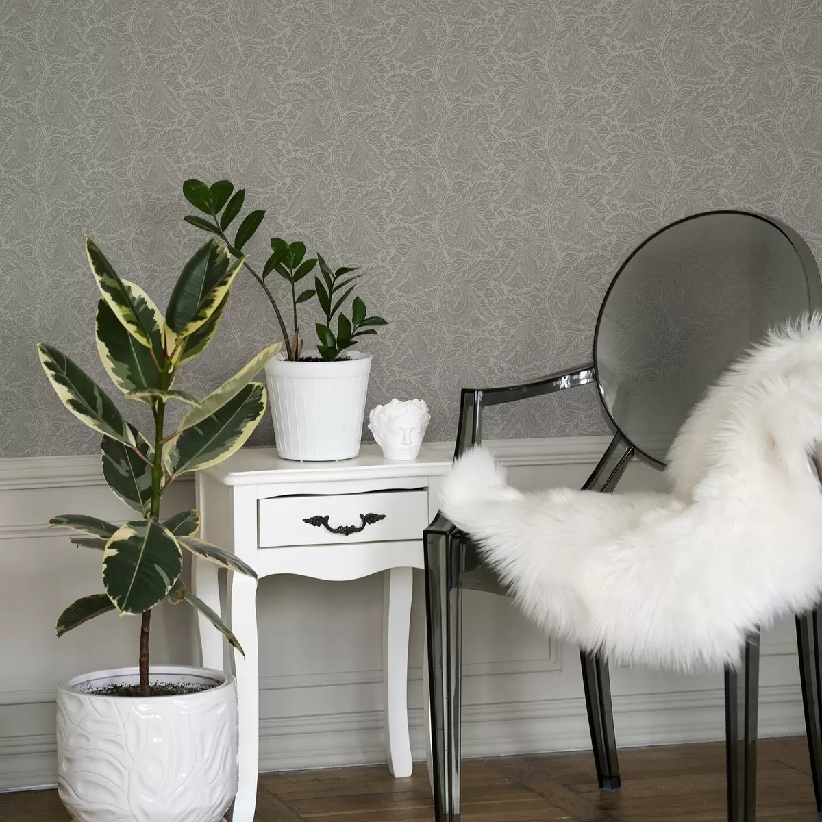 Papel de parede Estilização do folclore em cinza com folhas e flores a00301