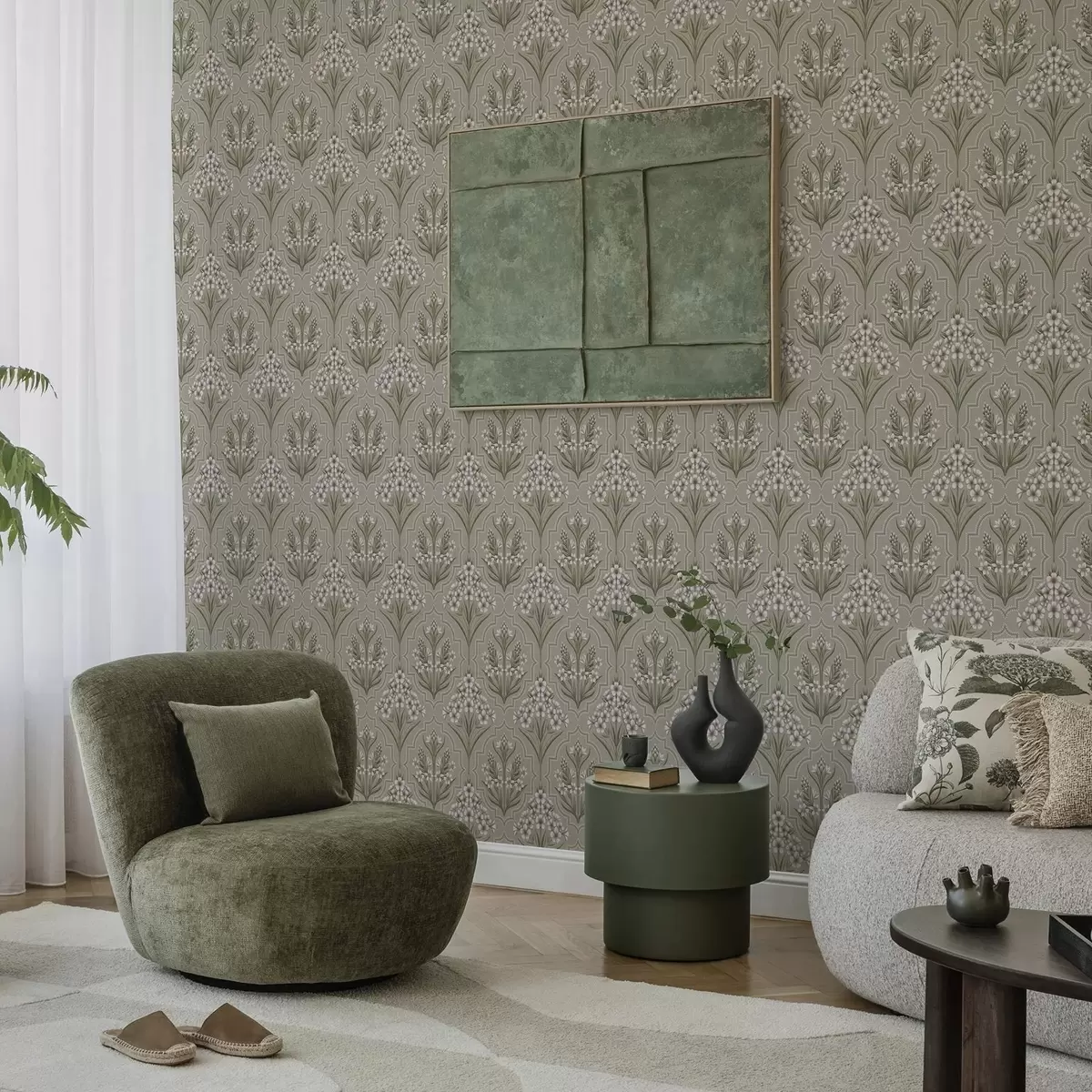 Papel de parede Padrão simétrico com flores brancas em um fundo cinza a00302