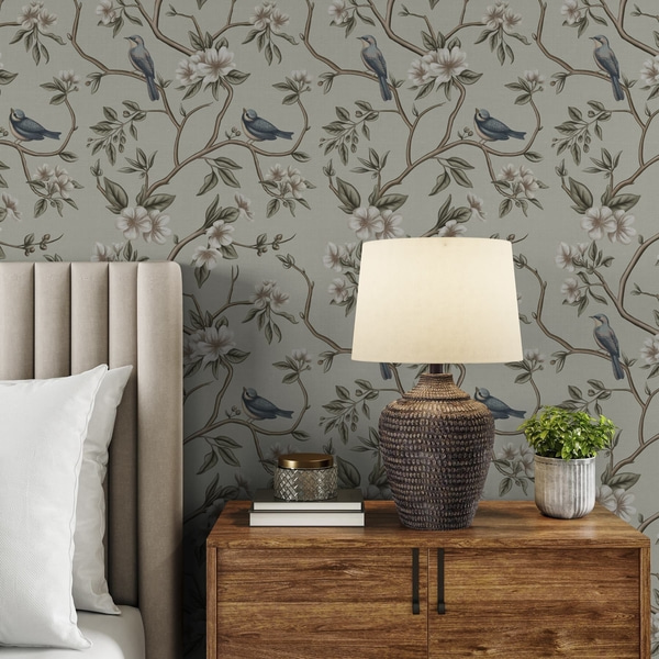 Papel de parede Galhos com pássaros e flores brancas em um fundo delicado, Papel De Parede Floral, a00303 : uwalls.com.br