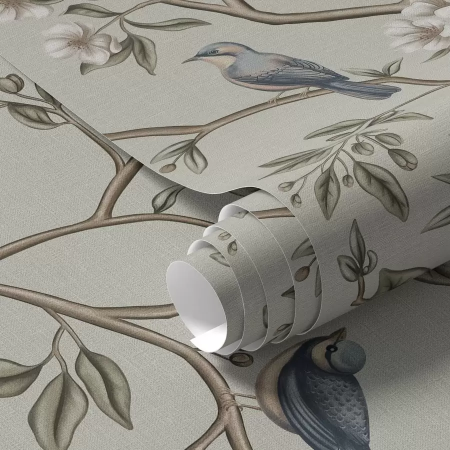 murais de parede Galhos com pássaros e flores brancas em um fundo delicado a00303