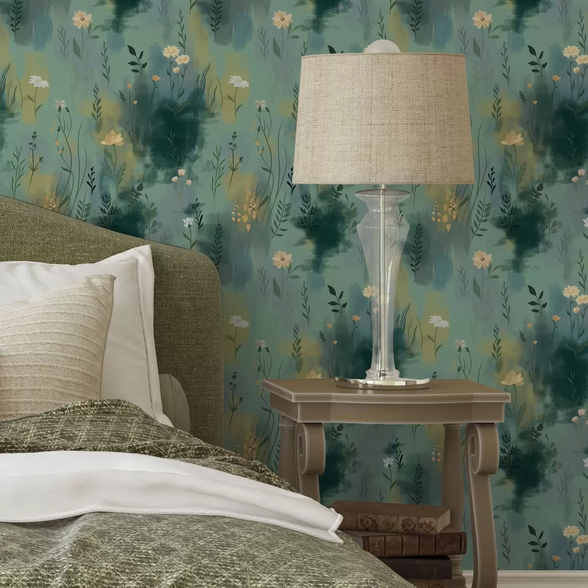 Papel de parede Abstração em aquarela com flores em um fundo verde a00312