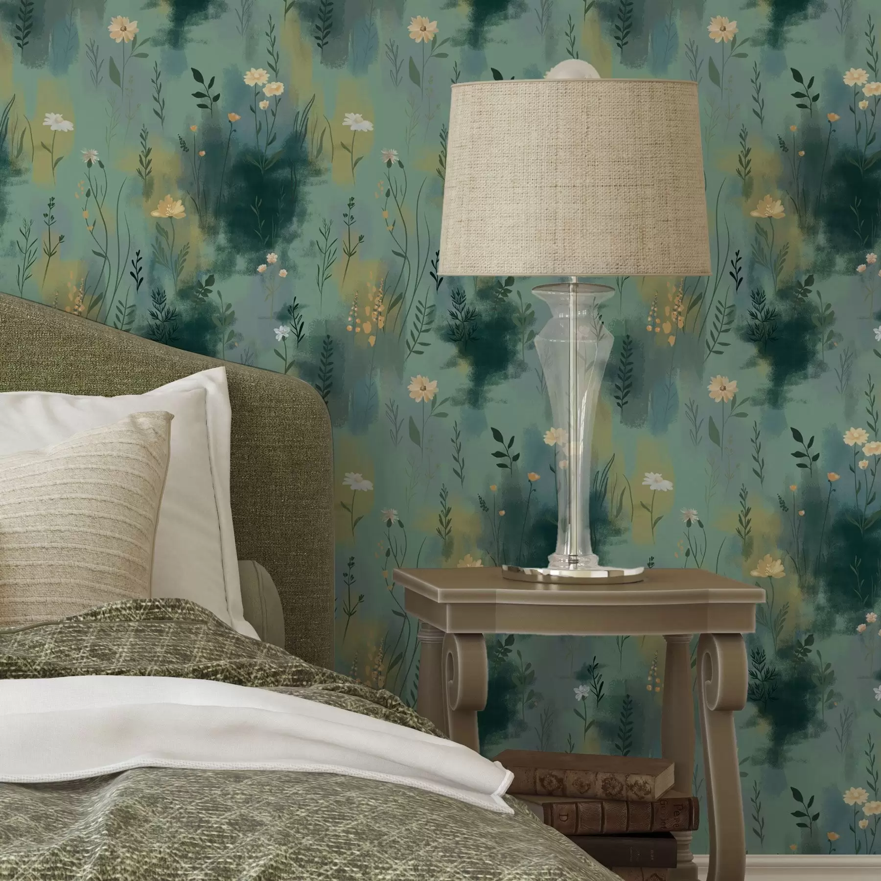 murais de parede Abstração em aquarela com flores em um fundo verde a00312