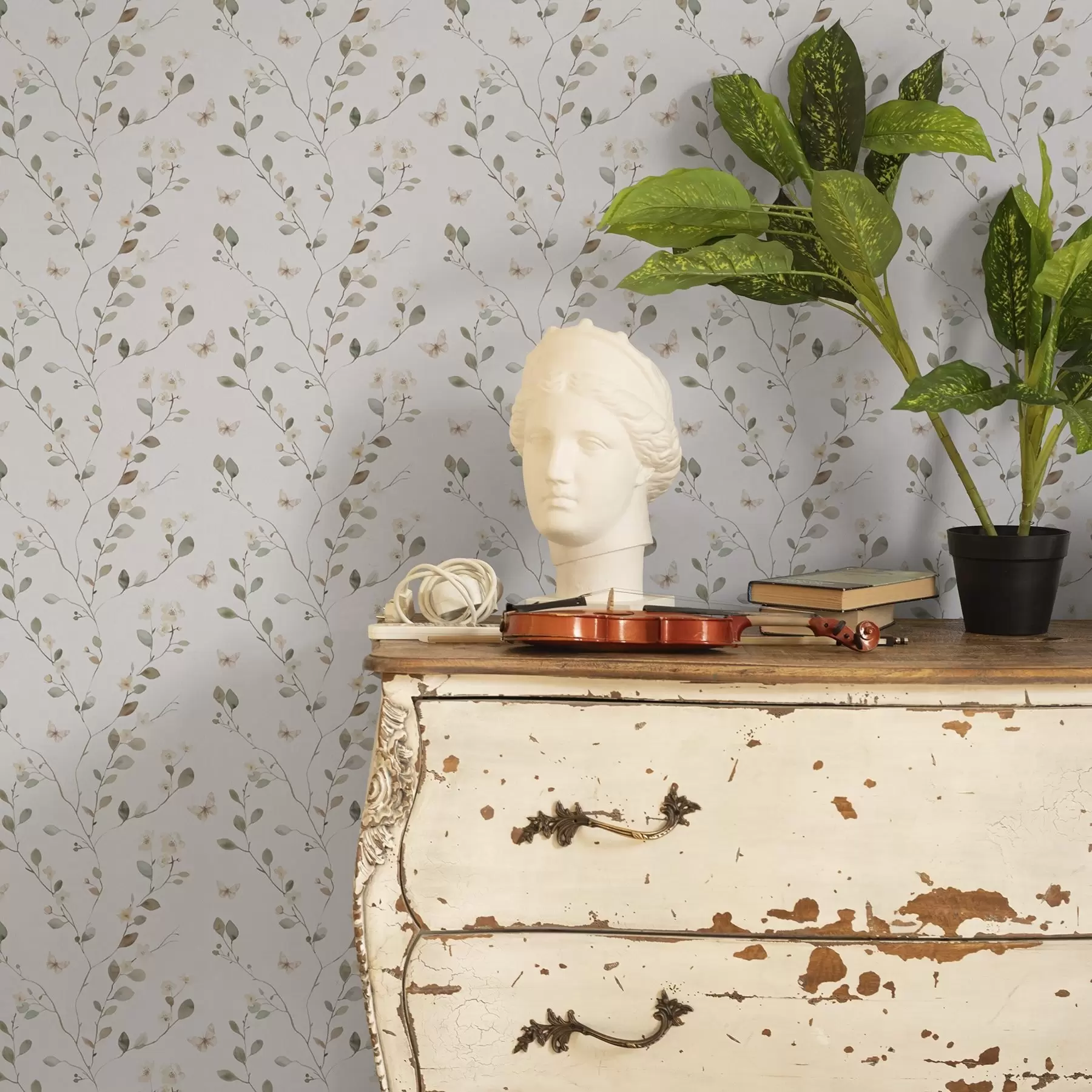 murais de parede Galhos finos com flores e borboletas em um fundo branco a00342