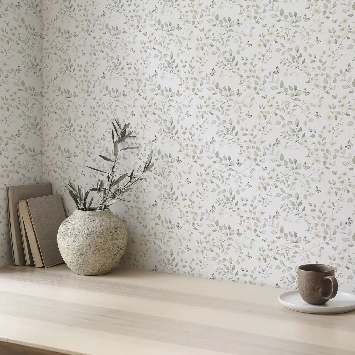 Papel de parede Ramos leves com folhas e flores em pequenas repetições a00343