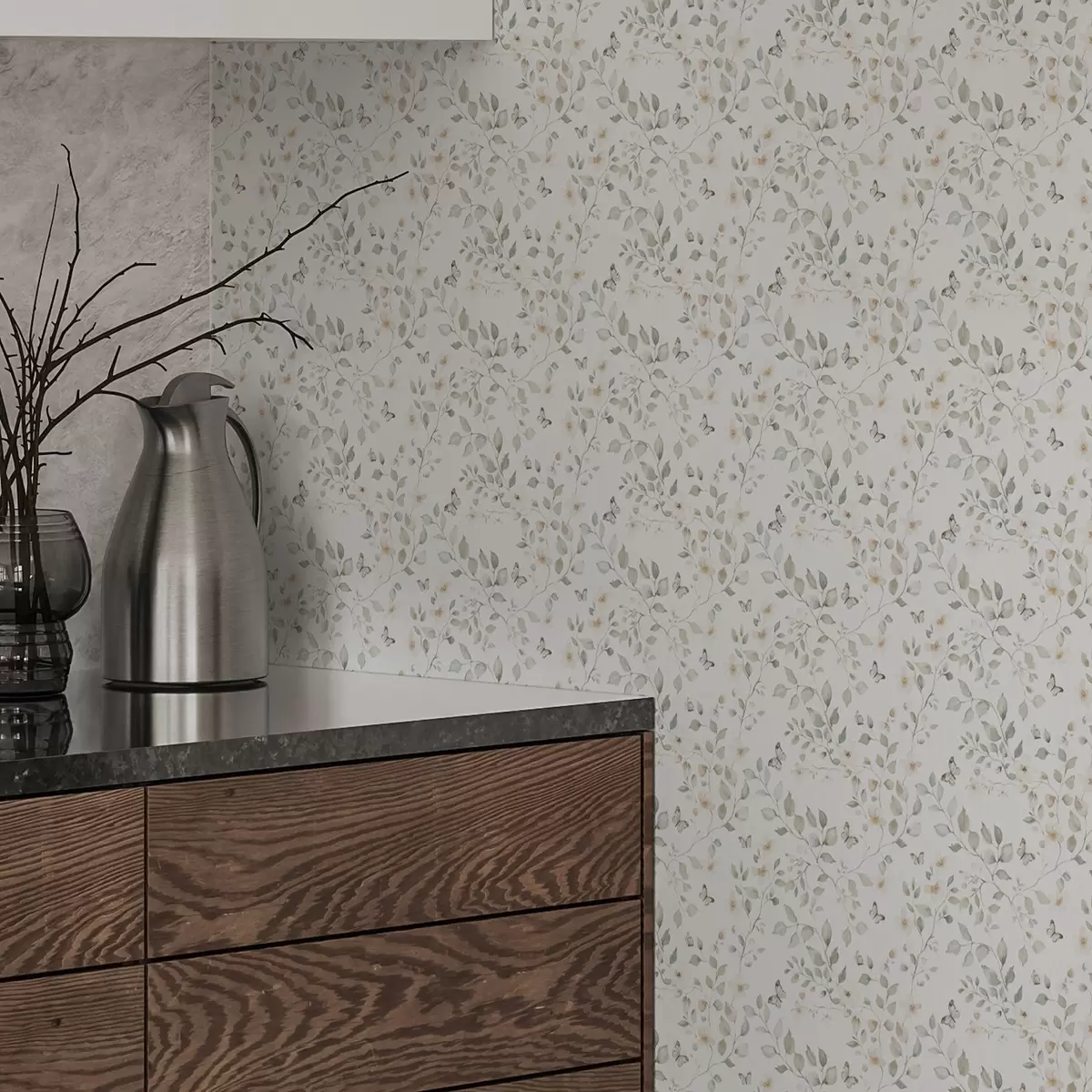 Papel de parede Ramos leves com folhas e flores em pequenas repetições a00343