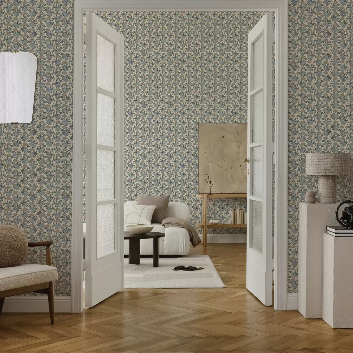 Papel de parede Padrão simétrico com elementos em azul e bege a00360