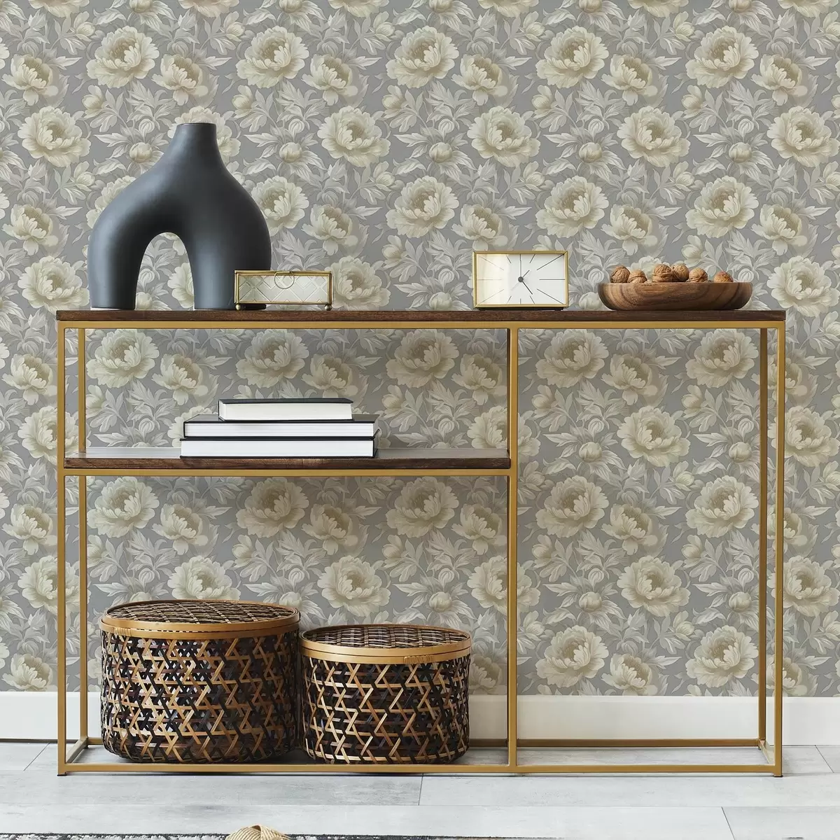 Papel de parede Peônias e folhas exuberantes em um fundo cinza a00403