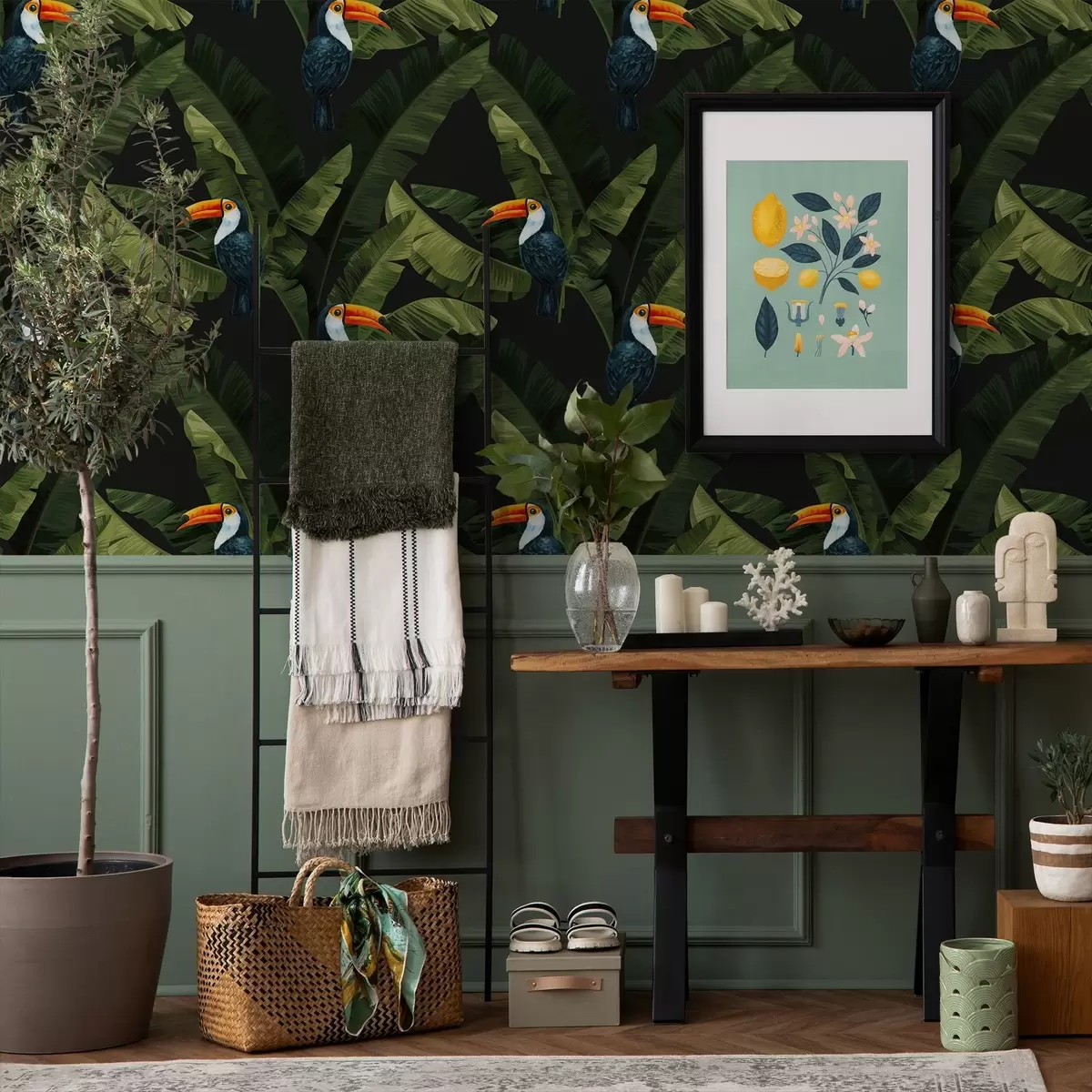 Papel de parede Tucano em folhas tropicais a00415 Papel de parede Tucano em folhas tropicais a00415