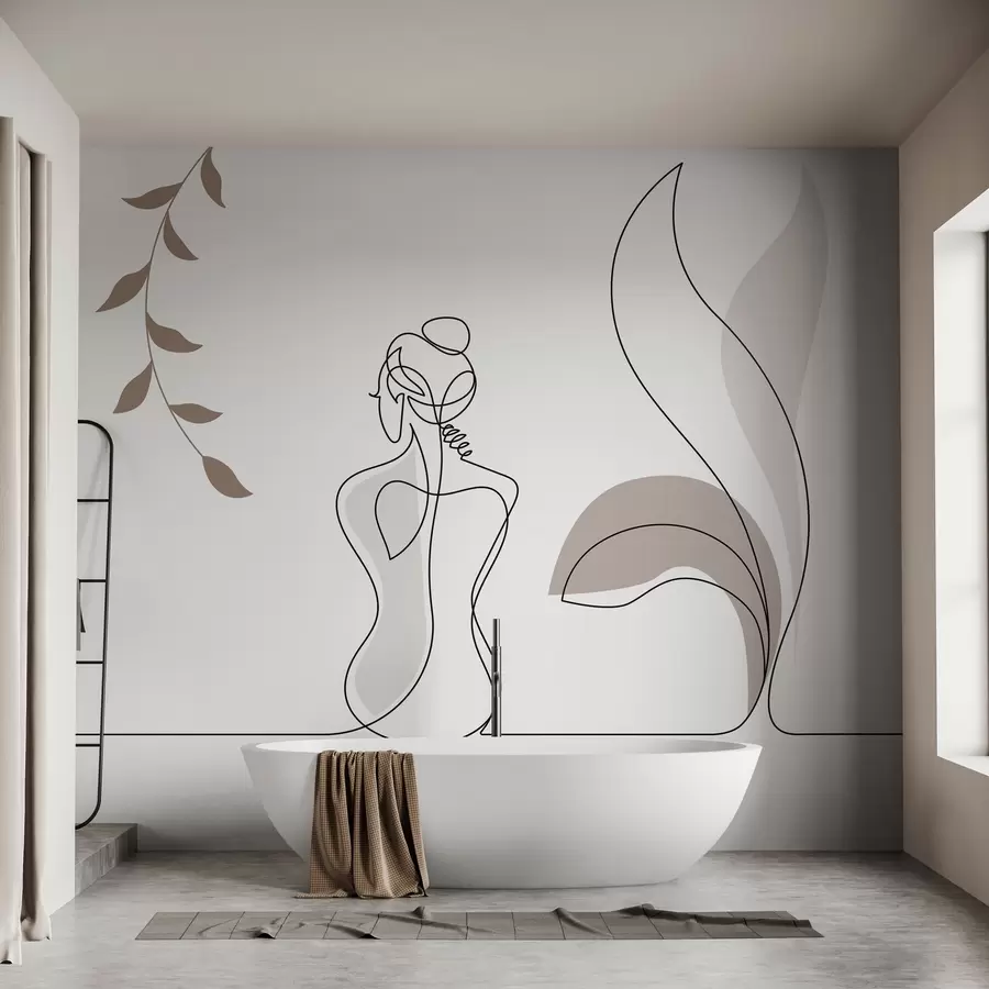 murais de parede silhueta linear de uma mulher e folhas w04303