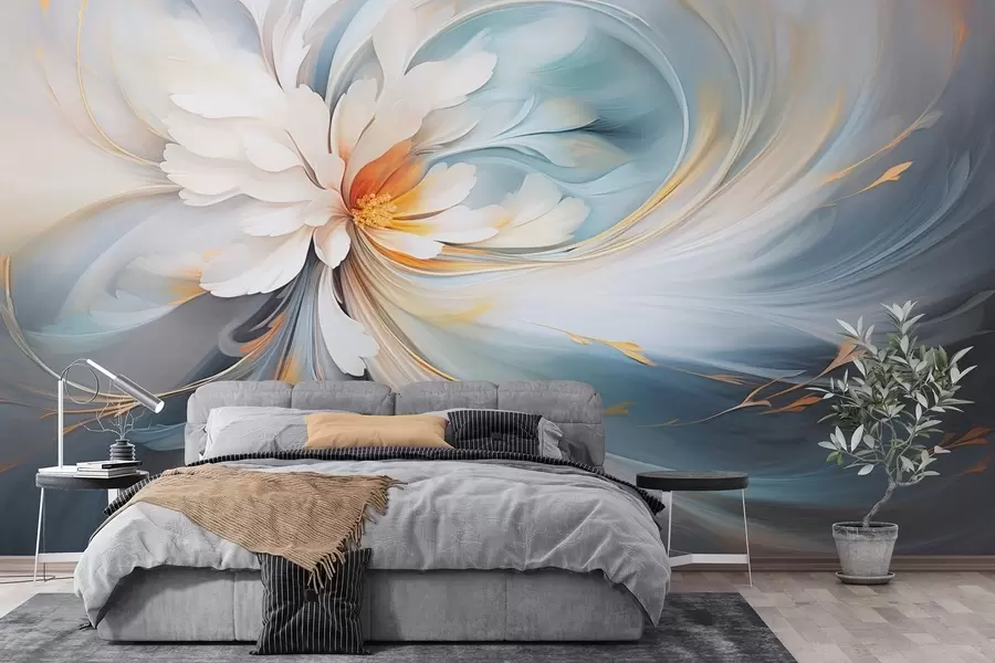 murais de parede Flor abstrata em tons suaves de azul e laranja w09270