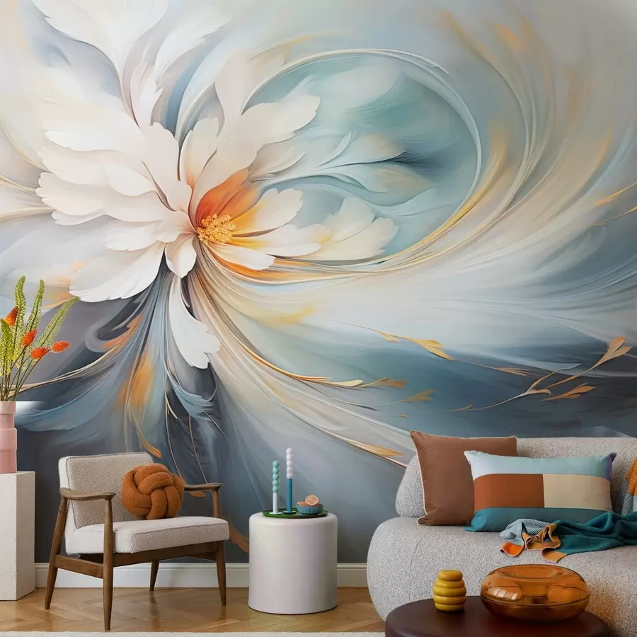 murais de parede Flor abstrata em tons suaves de azul e laranja w09270