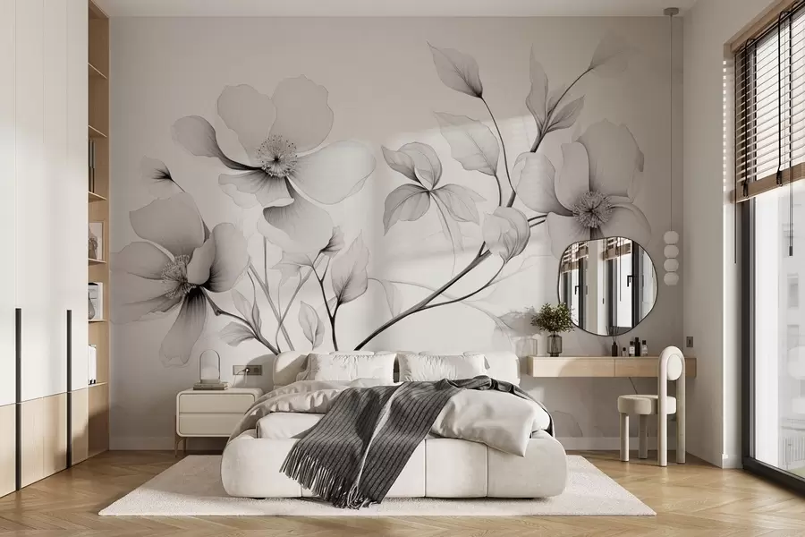murais de parede Flores em preto e branco com linhas elegantes em um fundo cinza w09271