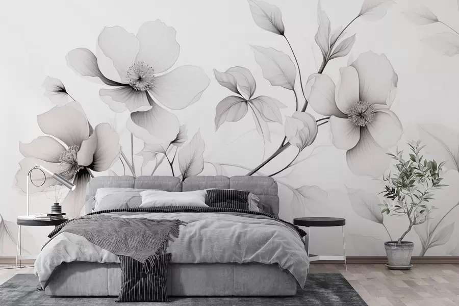 murais de parede Flores em preto e branco com linhas elegantes em um fundo cinza w09271