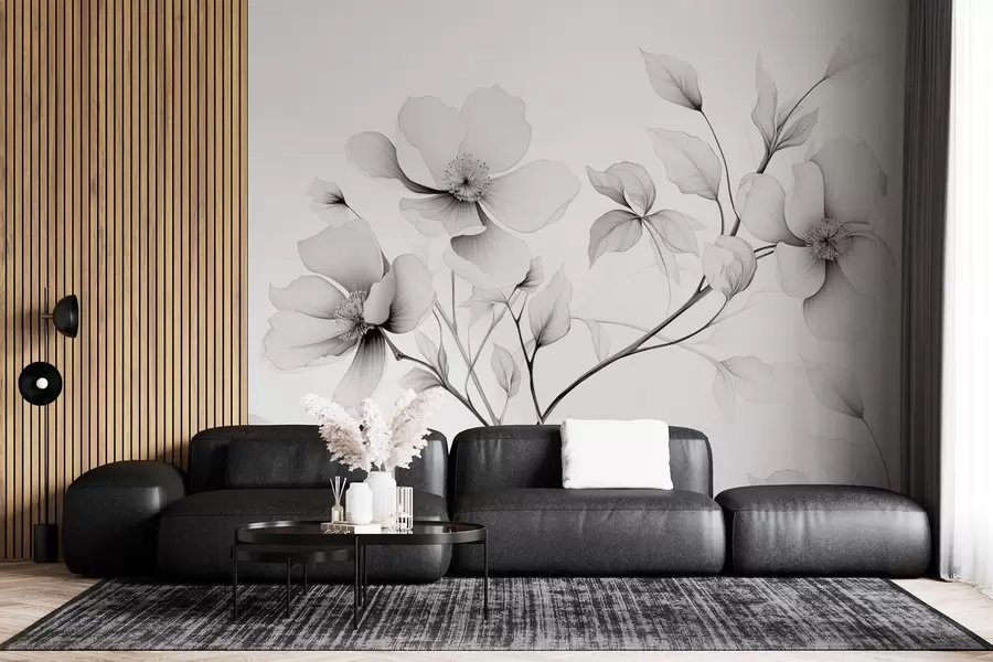 murais de parede Flores em preto e branco com linhas elegantes em um fundo cinza w09271