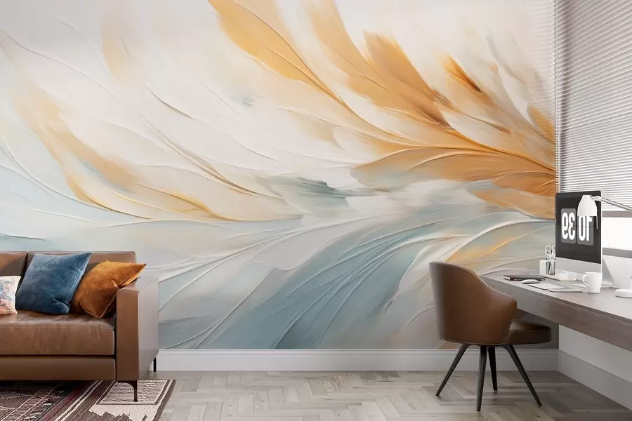 murais de parede Penas abstratas em tons suaves de azul e laranja w09283