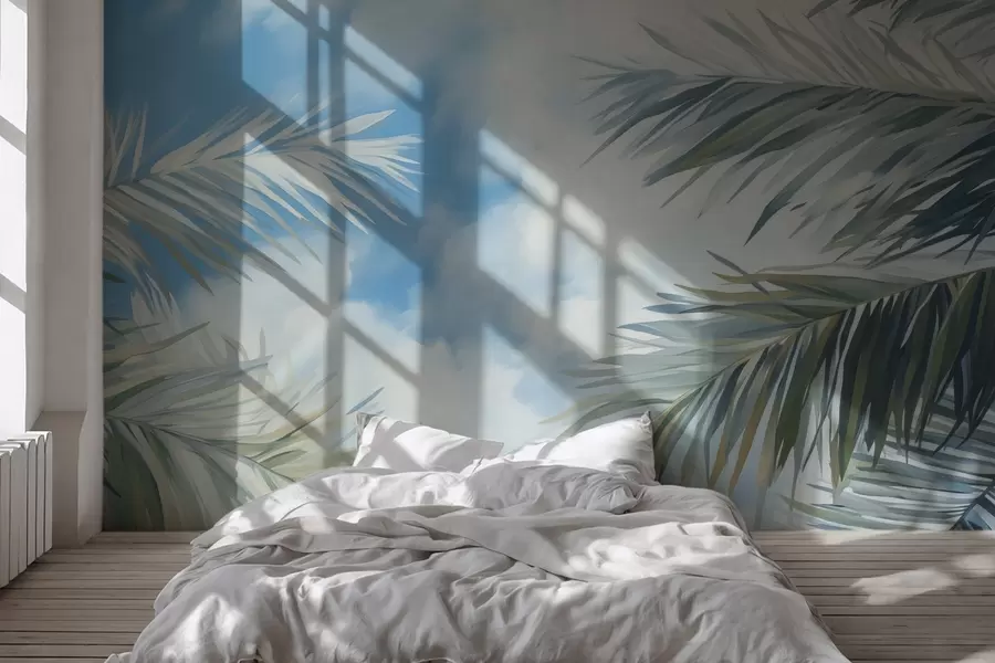 murais de parede Folhas de palmeira contra o céu w04361