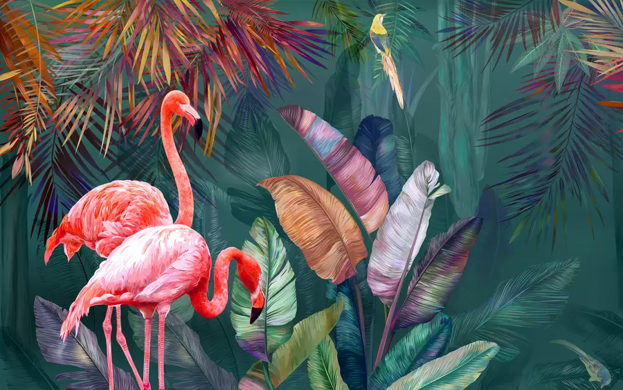 murais de parede Flamingos nos trópicos coloridos u80403