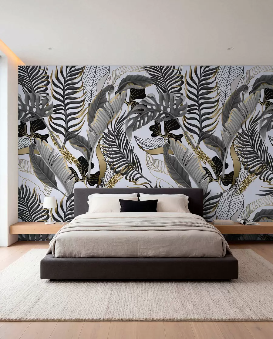 murais de parede Folhas tropicais cinzentas sobre um fundo branco u71888