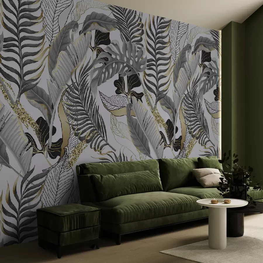 murais de parede Folhas tropicais cinzentas sobre um fundo branco u71888
