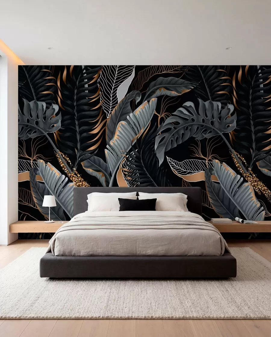 murais de parede Folhagem tropical em um fundo preto u71889