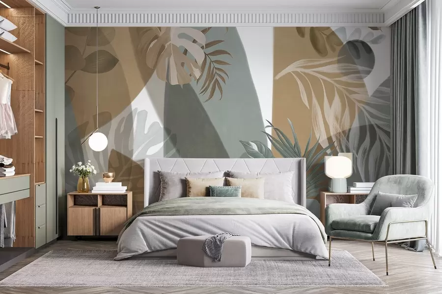 murais de parede Folhas de monstera e folhas de palmeira em um padrão com cores marrom, branco e verde, vibração tropical, formas abstratas, decorativas w09288
