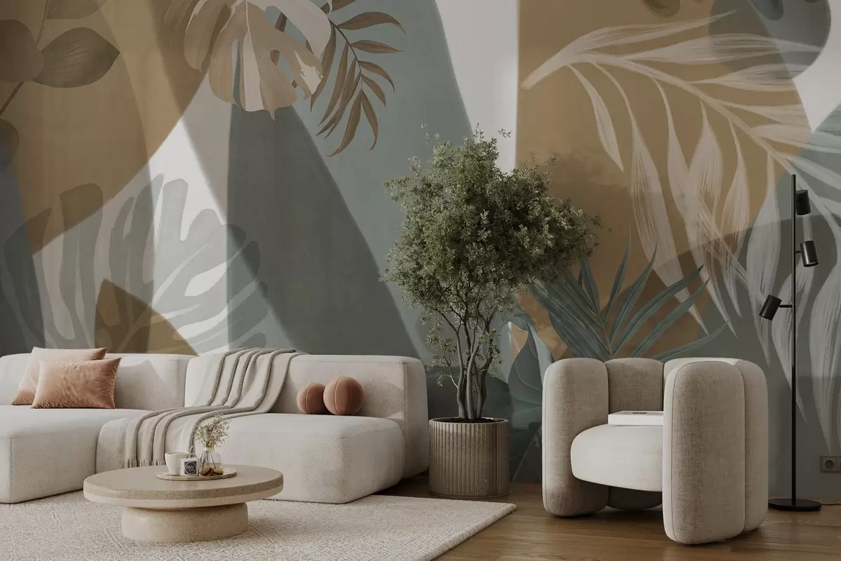 murais de parede Folhas de monstera e folhas de palmeira em um padrão com cores marrom, branco e verde, vibração tropical, formas abstratas, decorativas w09288