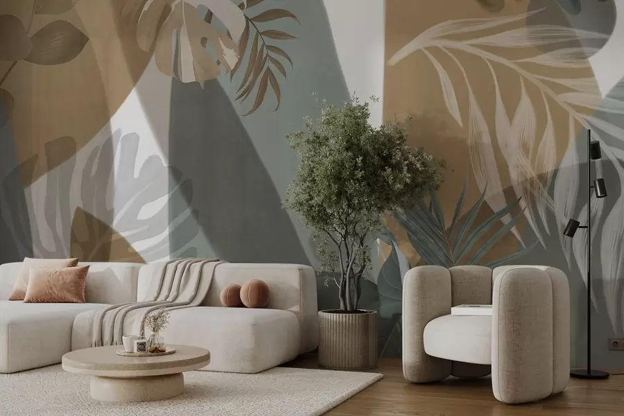 murais de parede Folhas de monstera e folhas de palmeira em um padrão com cores marrom, branco e verde, vibração tropical, formas abstratas, decorativas w09288