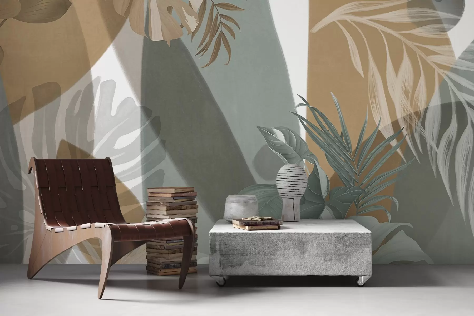 murais de parede Folhas de monstera e folhas de palmeira em um padrão com cores marrom, branco e verde, vibração tropical, formas abstratas, decorativas w09288