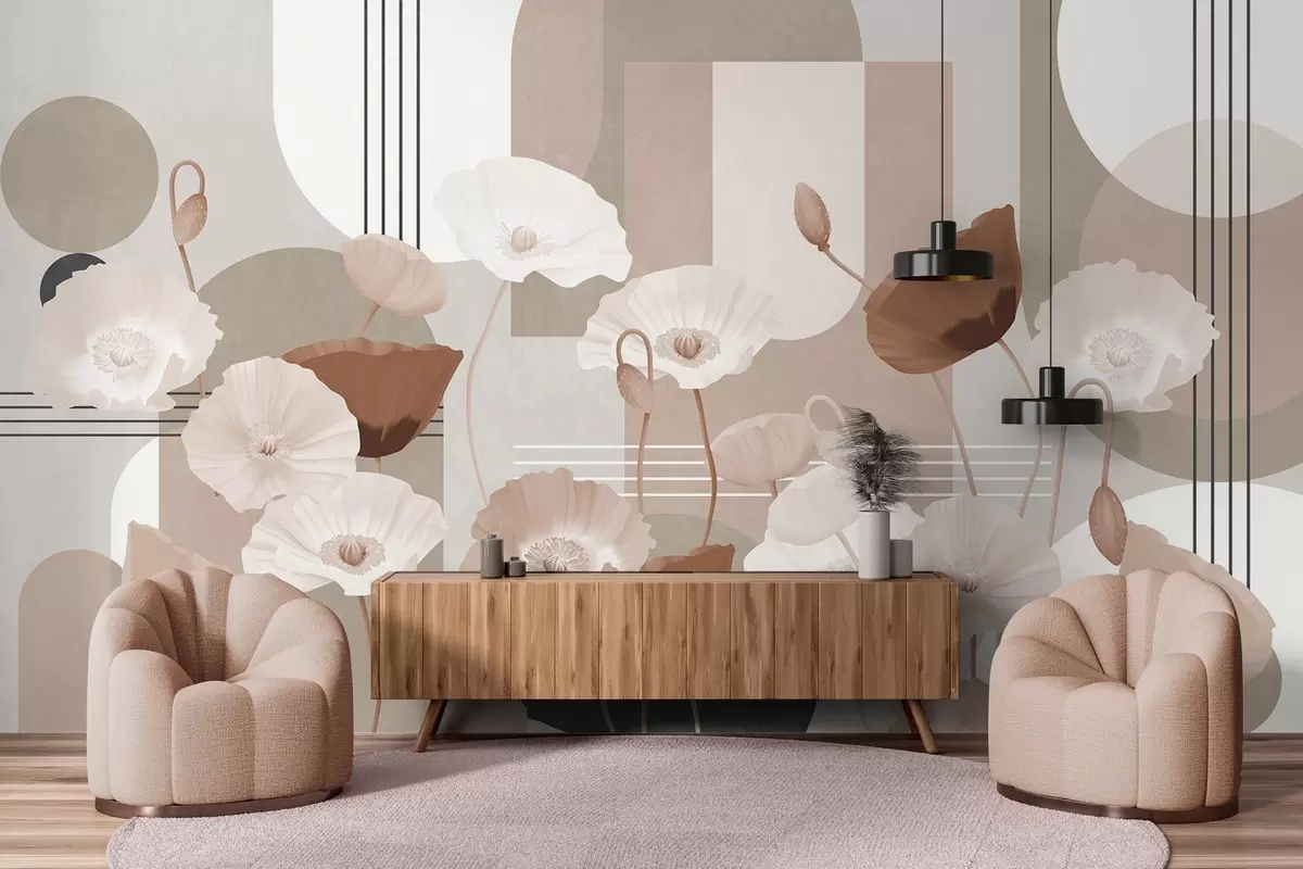 murais de parede Papoulas nas cores branca e bege com formas geométricas no plano de fundo, círculos e arcos, estilo minimalista, cores suaves w09289