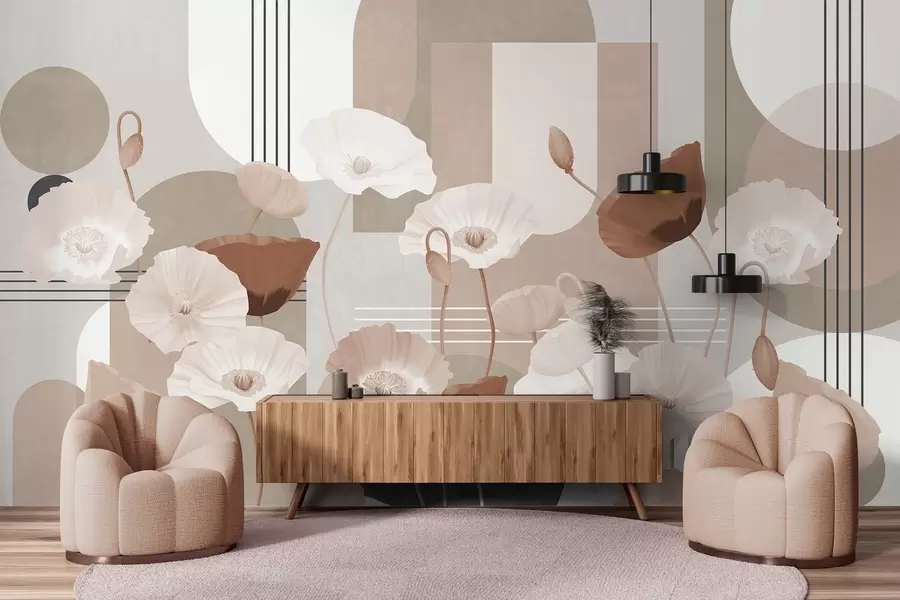murais de parede Papoulas nas cores branca e bege com formas geométricas no plano de fundo, círculos e arcos, estilo minimalista, cores suaves w09289