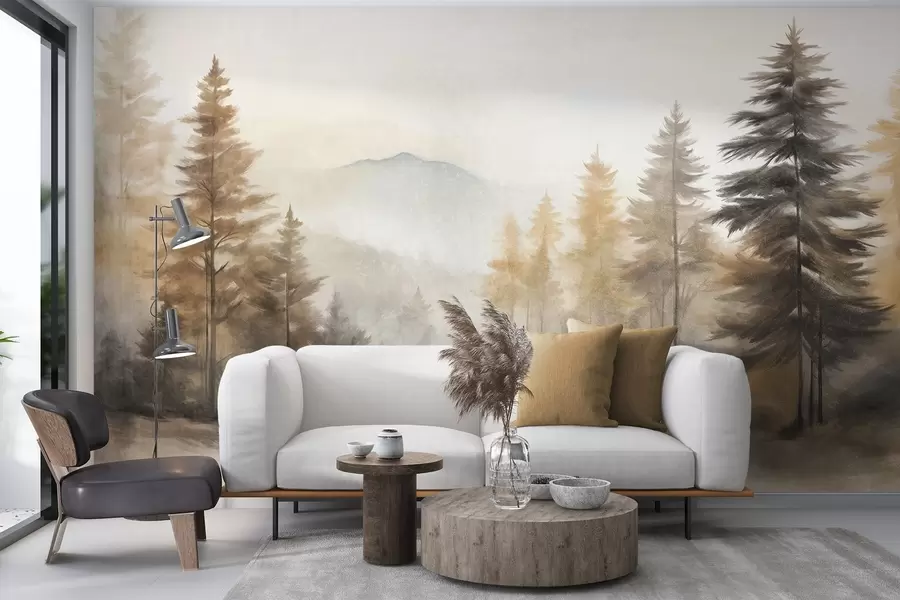 murais de parede Floresta de outono texturizada com pinheiros altos e montanhas ao fundo, as cores são suaves e terrosas no estilo de pintura w09290
