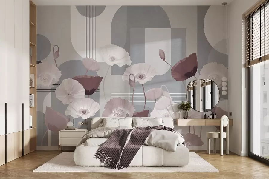 murais de parede Papoulas nas cores branca e cinza com formas geométricas no plano de fundo, círculos e arcos, estilo minimalista, cores suaves w09289v1