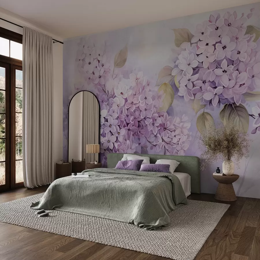 murais de parede Flores lilás texturizadas com pétalas roxas claras, folhas verdes claras, estilo aquarela, cores suaves e pastéis, pinceladas delicadas w09291
