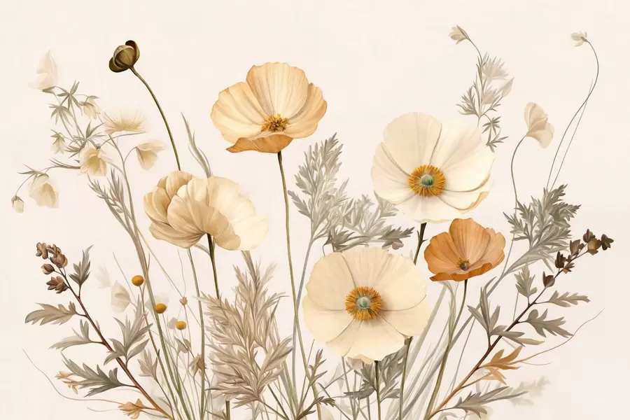 murais de parede Papoulas vintage texturizadas em laranja e branco com caules e folhas finos, fundo bege claro, estilo aquarela w09293