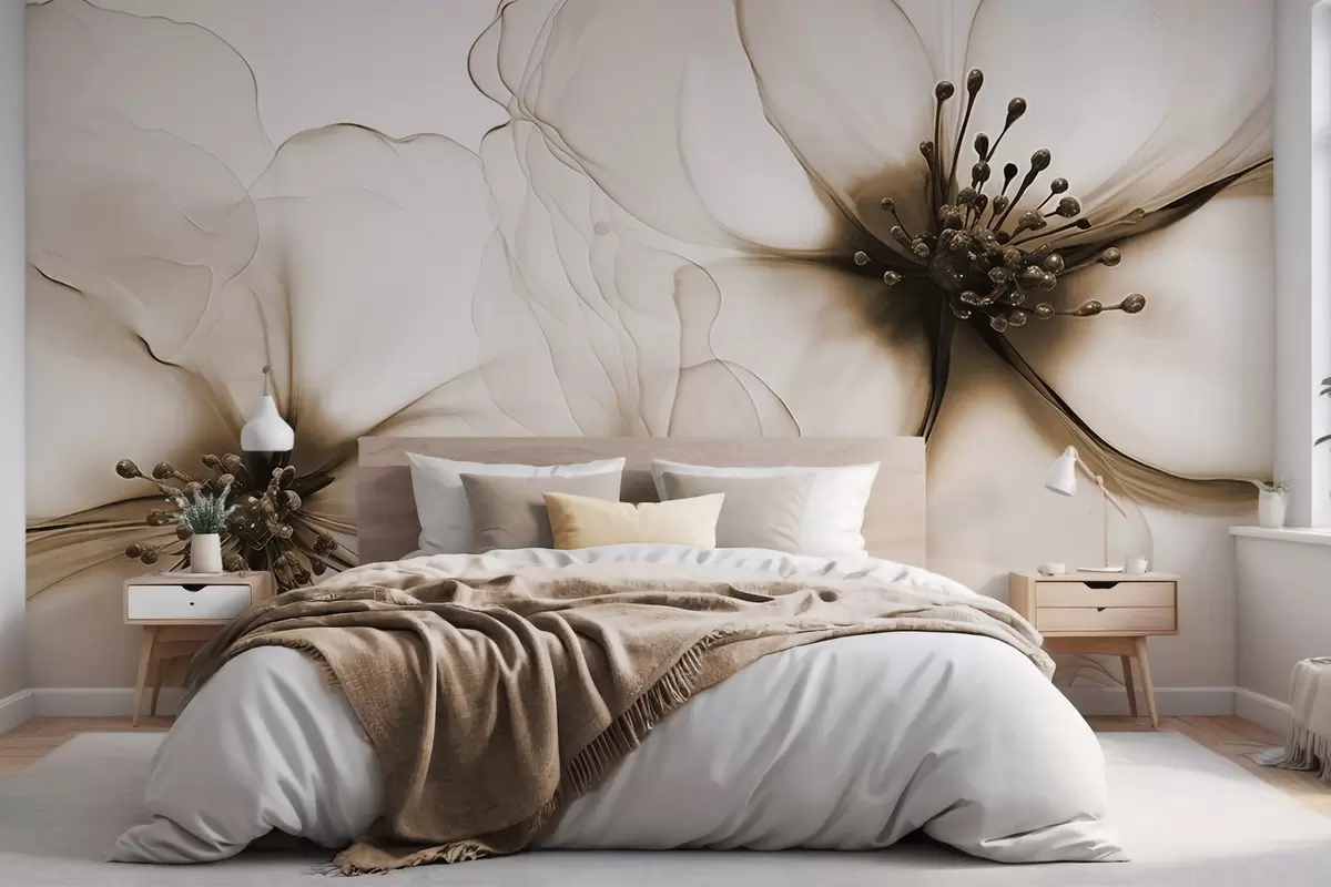 murais de parede Duas flores marrons translúcidas texturizadas com estames visíveis, pétalas delicadas sobrepostas e uma textura suave e fluida w09295